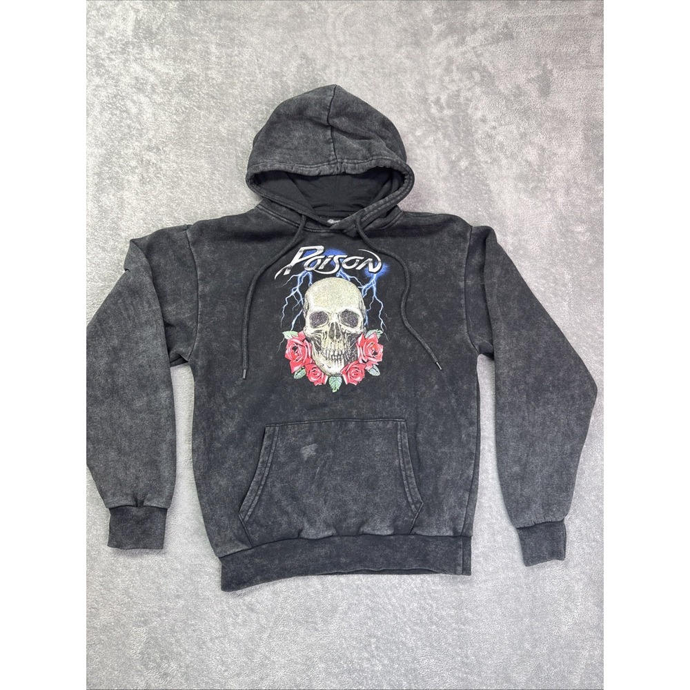 Poison‎ Hoodie Sweatshirt Womens Small Black Retro Art Spellout Skull Roses Rock